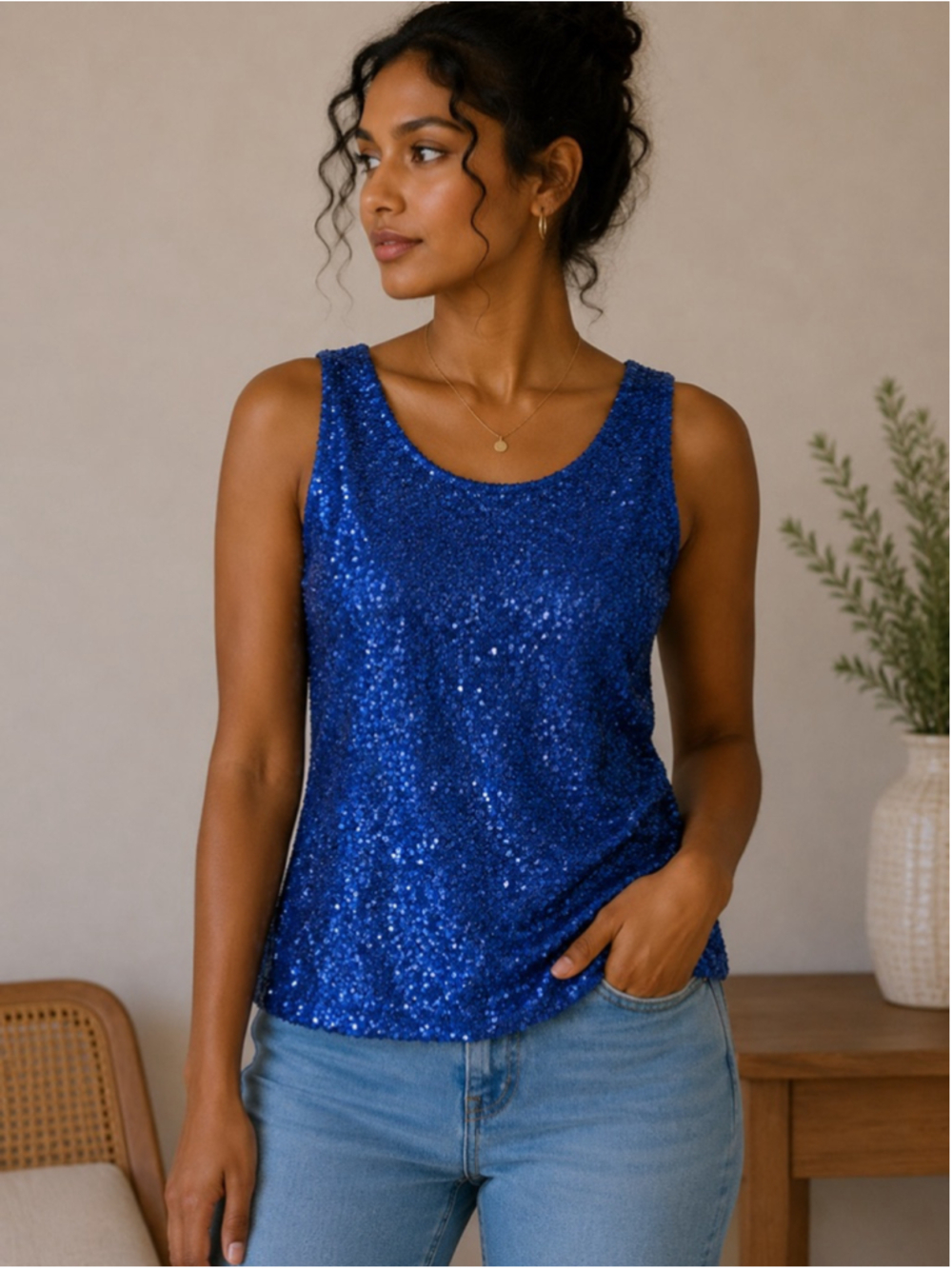 Women's Anne Klein Sequin Tank Top Blue Size L Summer